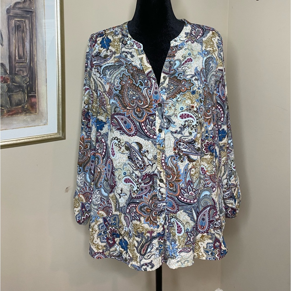Roz & Ali Paisley Long Sleeve Button Front Tunic - Size XL